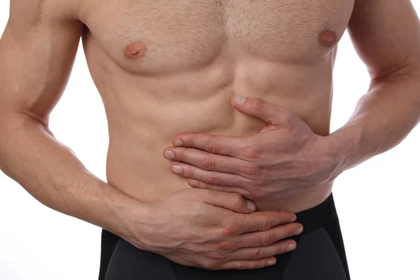 Man with stomach pain. Digestive system, Urinary Tract Infection problems. — Stock Photo, Image