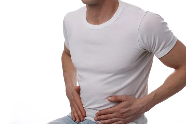 Man with stomach pain. Digestive system, Urinary Tract Infection problems. — Stock Photo, Image