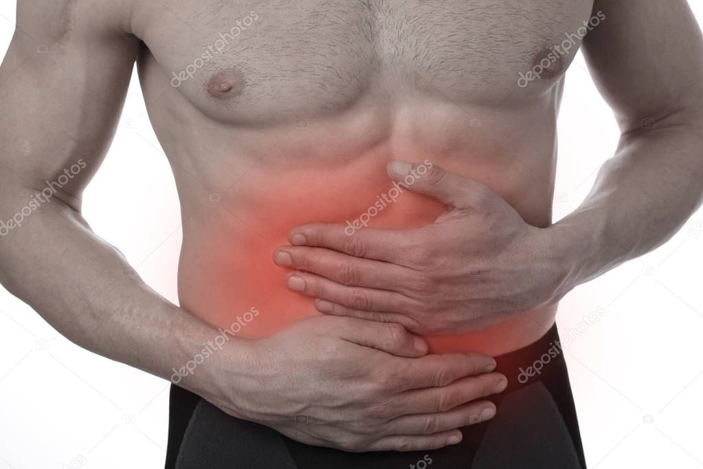 Man with stomach pain. Digestive system, Urinary Tract Infection problems.
