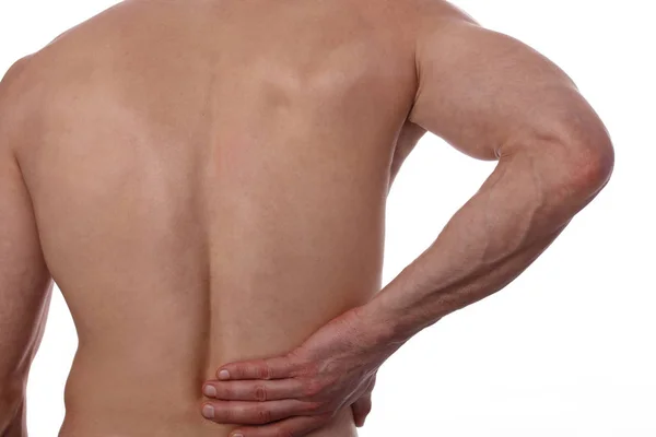 Спортивная травма, человек с болью в спине. Концепция обезболивания и здравоохранения изолирована на белом . — стоковое фото