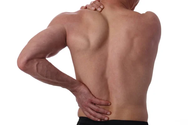 Lesión deportiva, hombre con espalda, dolor de cuello. Alivio del dolor y concepto de atención médica aislado en blanco . — Foto de Stock