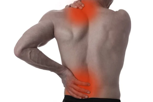 Lesión deportiva, hombre con espalda, dolor de cuello. Alivio del dolor y concepto de atención médica aislado en blanco . — Foto de Stock