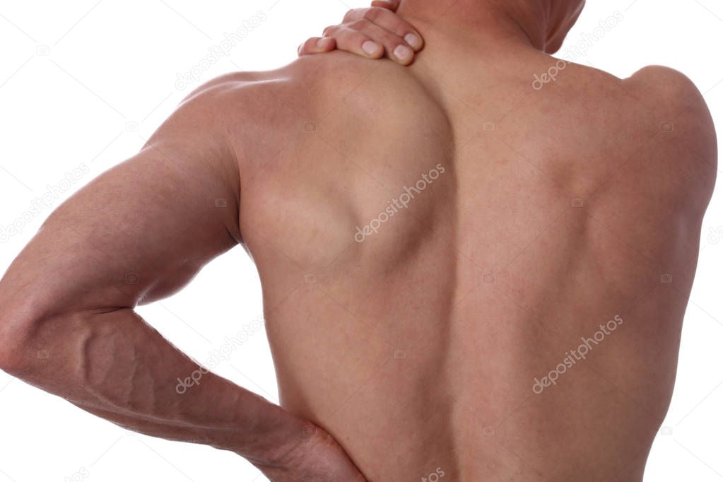 Sport injury, Man with back, neck pain. Pain relief and health care concept isolated on white.