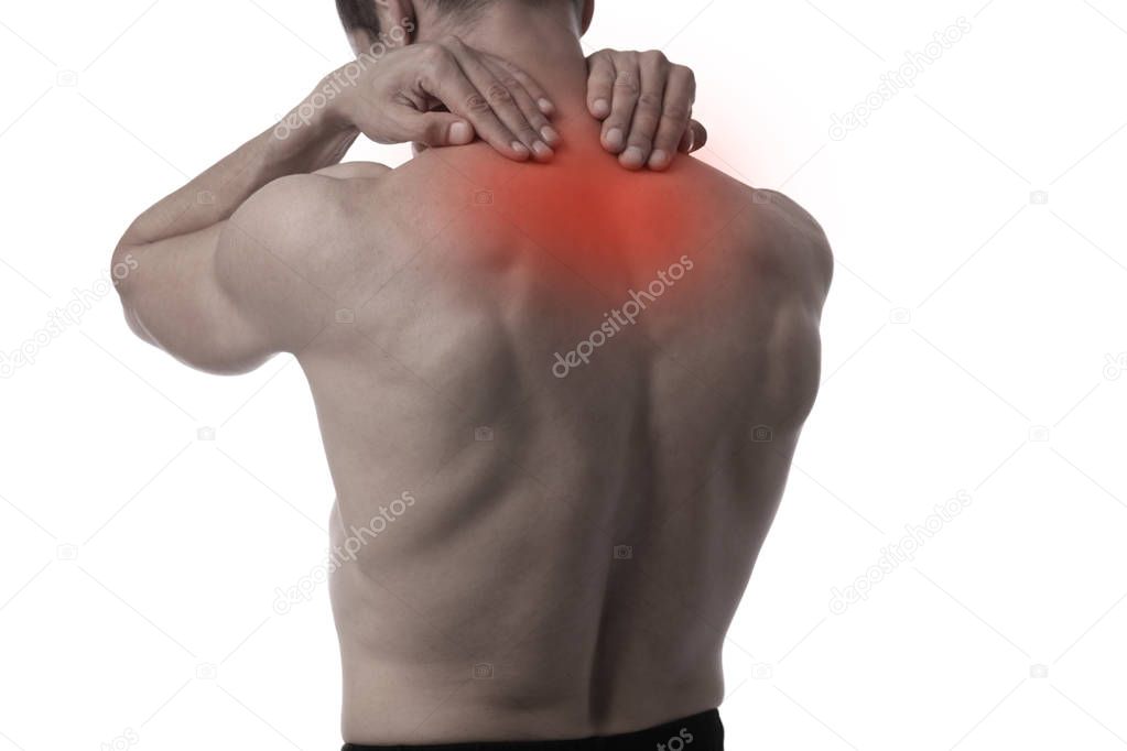 Muscular Man suffering from back and neck pain isolated on white background. Pain relief, chiropractic concept. Sport exercising injury