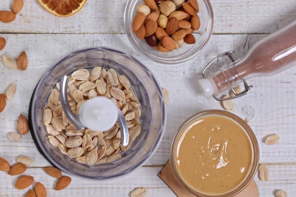 Homemade peanut butter ,flat lay composition, top view. Nutrition, healthy eating concept