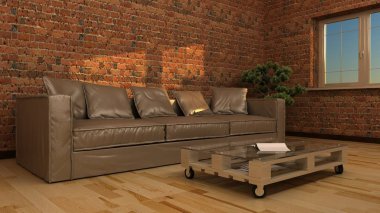 Klasik, modern oturma odası iç deri kanepe ve sehpa, tuğla duvar ve ahşap parke zemin. 3D render