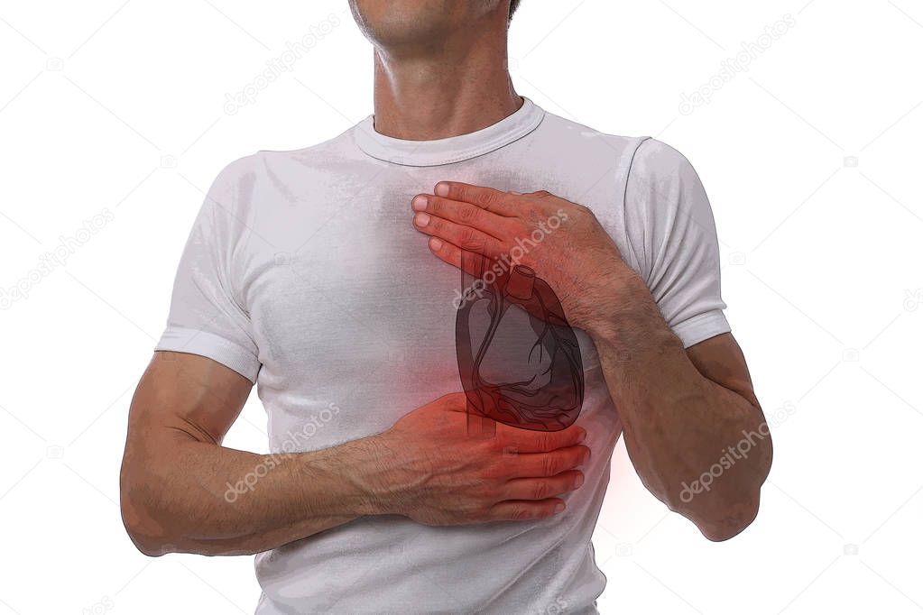 Man having a pain in the heart area. Heart health, High Blood Pressure prevention concept
