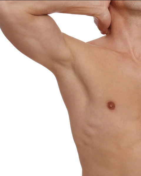 肌肉发达的男性躯干,胸部和腋毛摘除. 男性打蜡。 男性激光消融. 免版税图库照片