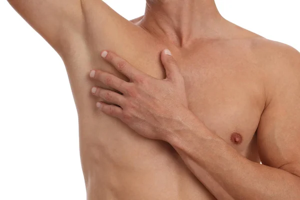 肌肉发达的男性躯干,胸部和腋毛摘除. 男性打蜡。 男性激光消融. 图库图片