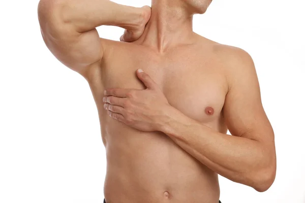 Muskulöser männlicher Oberkörper, Brust- und Achselhaarentfernung. Wachsen. männliche Laserepilation. — Stockfoto