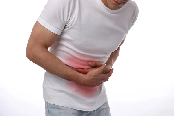 Man with stomach pain. Digestive system, Urinary Tract Infection problems. — Stock Photo, Image