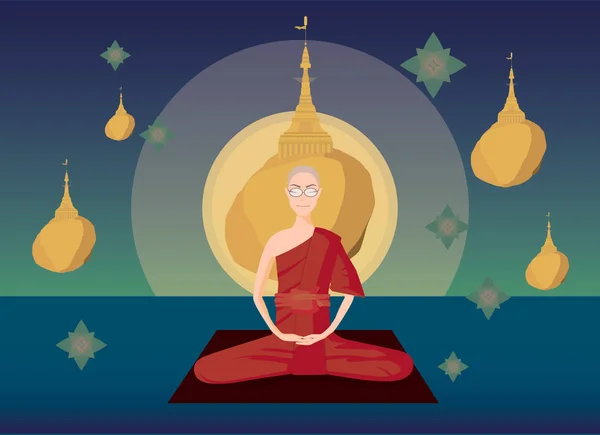Meditación monje de Myanmar frente a la pagoda kyaikhtiyo — Vector de stock