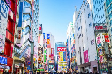 Tokyo, Japonya - 31 Aralık, 2016: Akihabara renkli işaretleri. Elektronik bölge video oyunları, anime, manga, bilgisayar, Tokyo, Japonya için bir alışveriş alanına dönüşmüştür