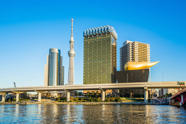 Sumida river and view ofTokyo skyline in Asakusa, Tokyo, Japan