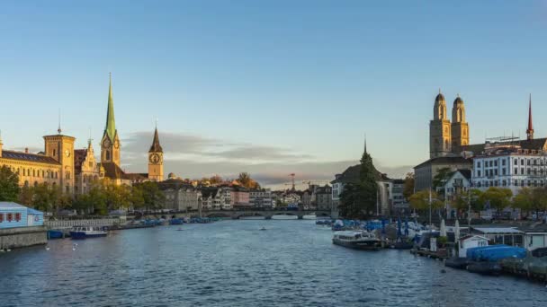 Miasto Zurych Panorama Miasta Widokiem Rzekę Limmat Zabytków Budynków Zurychu — Wideo stockowe