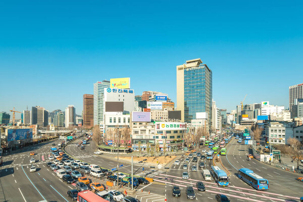 Seoul, Republic of Korea - December 13, 2017: Car and traffic in Seoul city, Korea.
