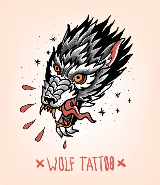 Cabeça de Lobo Lágrima no estilo de tatuagem tradicional. Velha escola . —  Vetores de Stock