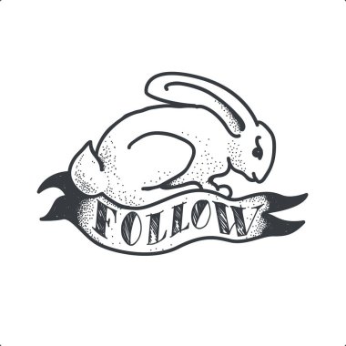 Beyaz tavşan takip. Dövme Doodle kroki vektör çizim.