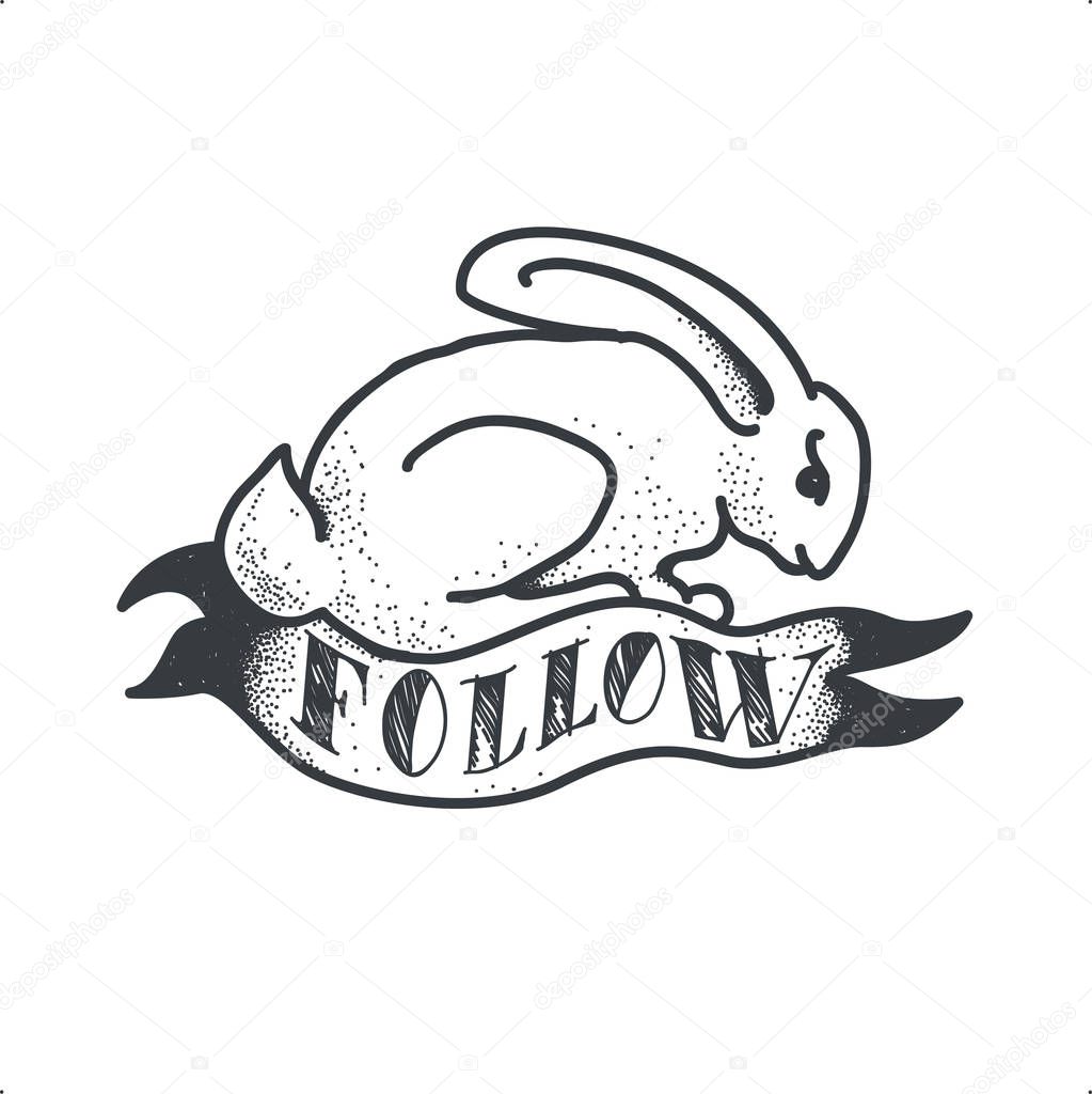 Follow The White Rabbit. Tattoo Sketch Doodle vector Illustration.