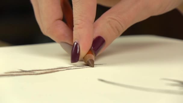 Slow-mo footage. Artist girl hand draws by pencil. Close-up — Stock Video