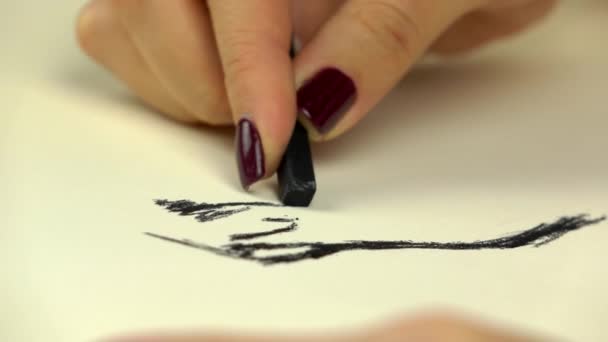 Slow-mo footage. Artist girl hand draws by pastel. Close-up — Stock Video