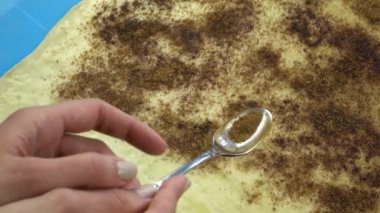 Ağır çekim görüntüleri. Baker el çiğ böreği hamur tarçın bir tabaka serpme.