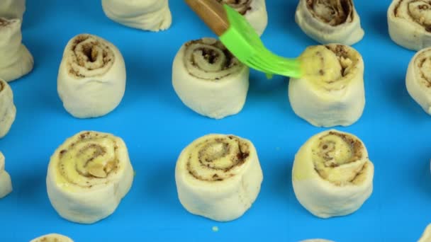 Imágenes en cámara lenta. Rollos de canela de huevo de lubricación antes de que entren en el horno — Vídeos de Stock