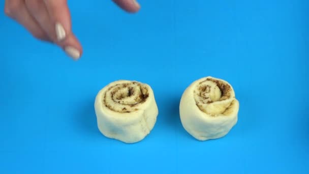 Hands drape cinnamon rolls before they come into the oven — Stock Video