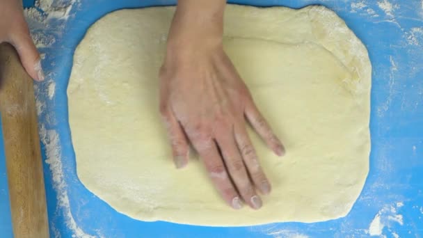Zeitlupenaufnahmen. Bäcker bereitet Teig von Hand mit Nudelholz vor. Ansicht von oben — Stockvideo