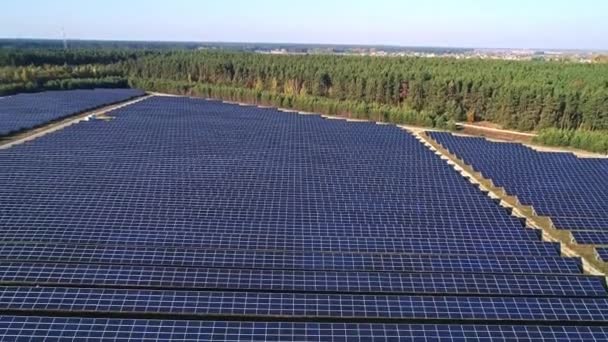 Drohnenaufnahmen aus der Luft. Höhenflug über Solarpaneelfarm. — Stockvideo