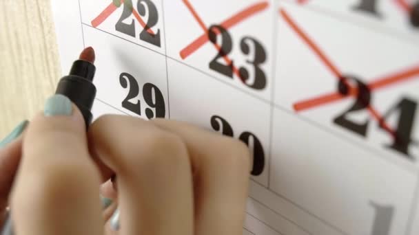 Vrouwelijke hand kruist met rode stift de kalenderdag 29. Slow motion schot. Sluiten. — Stockvideo
