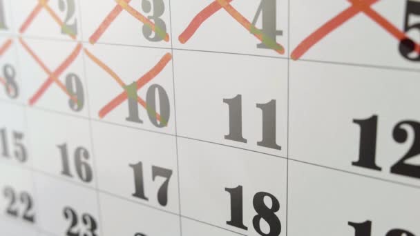 La mano femenina cruza con marcador rojo el día 11 del calendario. Disparo en cámara lenta. De cerca. — Vídeos de Stock