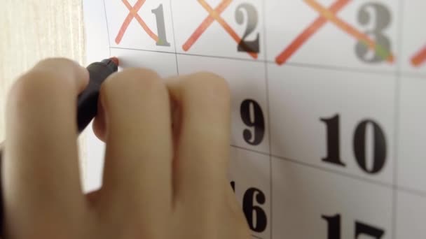 Mão feminina cruza com marcador vermelho no dia 8 do calendário. Um tiro em câmara lenta. Fechar — Vídeo de Stock