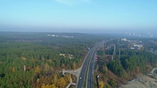 Nagranie z dronów lotniczych. Leć nad autostradą w pobliżu lasu z miastem na horyzoncie. — Wideo stockowe