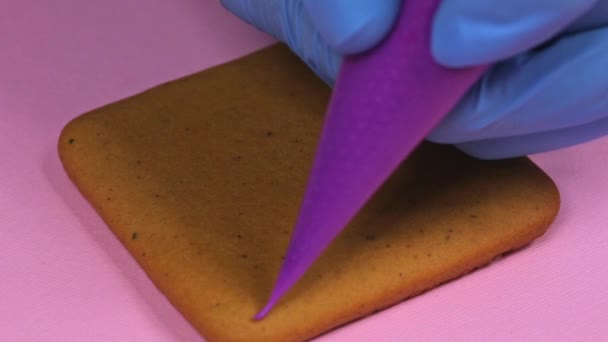 Применение фиолетовой глазури к имбирному печенью, крупным планом — стоковое видео