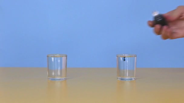 Φυσικό πείραμα, χρωματισμός νερού σε ποτήρια και ανάμειξη — Αρχείο Βίντεο