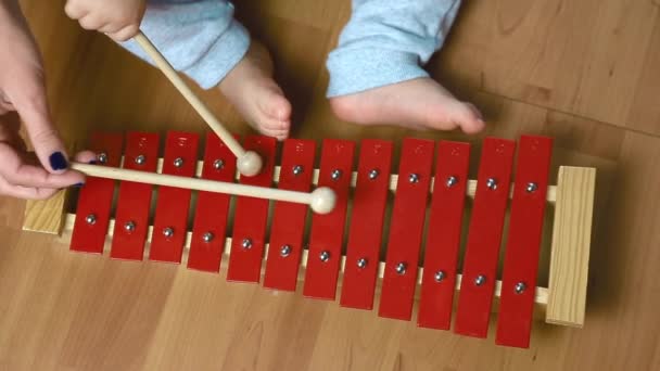 A criança brinca com paus no xilofone vermelho, instrumento de percussão, vista superior — Vídeo de Stock