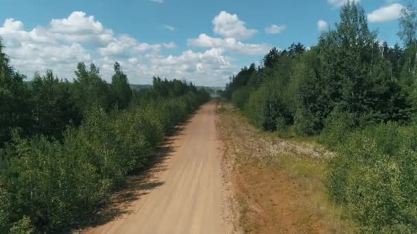 Desyatyny, Oekraïne - 8 juli 2018: Luchtfoto. Rally auto passeert grind deel van het spoor in de buurt van het dorp, laat achter een stofspoor — Stockvideo