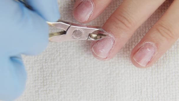 Jonge vrouw verwijdert nagelriemen van nagels met Pedicure Manicure Tool — Stockvideo