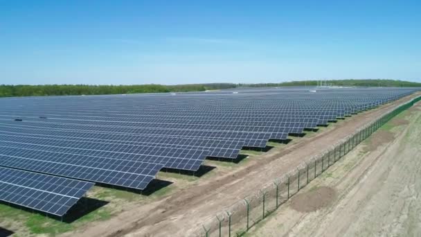Vista aérea do campo da central solar no dia ensolarado. Vista aérea superior da fazenda solar. Tecnologia de energia renovável. Tiro largo — Vídeo de Stock