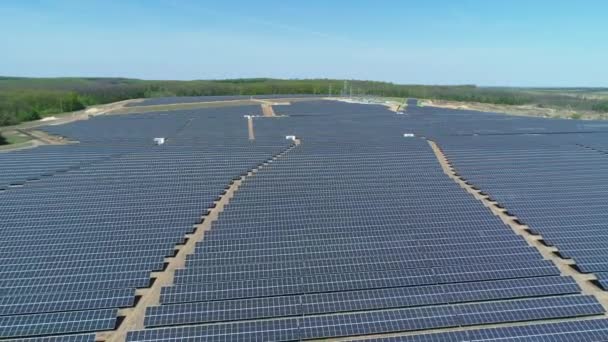 Vista aérea do campo da central solar no dia ensolarado. Vista aérea superior da fazenda solar. Tecnologia de energia renovável. Tiro largo — Vídeo de Stock