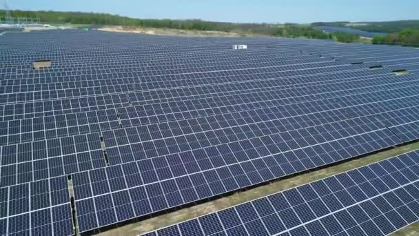 Flygfoto över solkraftverksfältet på solig dag. Flygfoto ovanifrån av Solar Farm. Förnybar energiteknik. Brett skott — Stockvideo