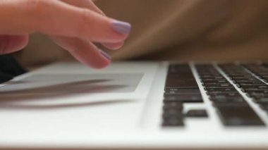 Evde ağır çekimde çalışan kadın ellerini kapat ve dizüstü bilgisayara dokun.