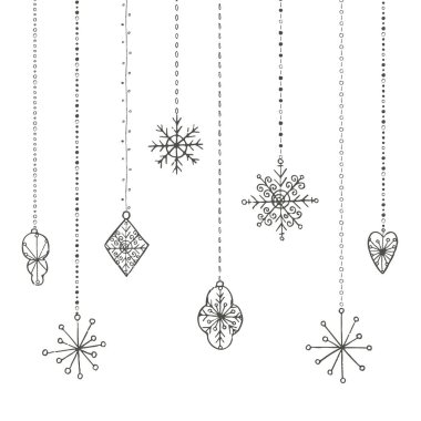 Kış elle çizilmiş oyuncaklar ve kar taneleri koleksiyonu