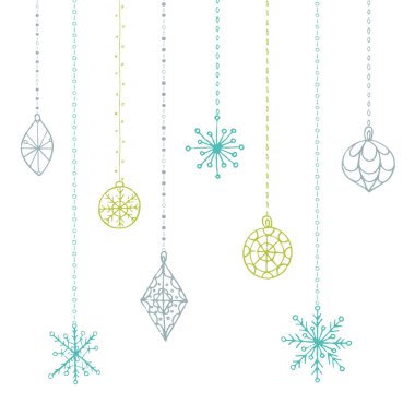 Kış elle çizilmiş oyuncaklar ve kar taneleri koleksiyonu