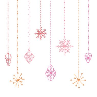 Kış elle çizilmiş oyuncaklar ve kar taneleri koleksiyonu