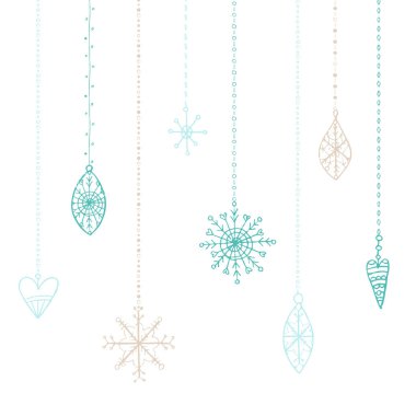 Kış elle çizilmiş oyuncaklar ve kar taneleri koleksiyonu