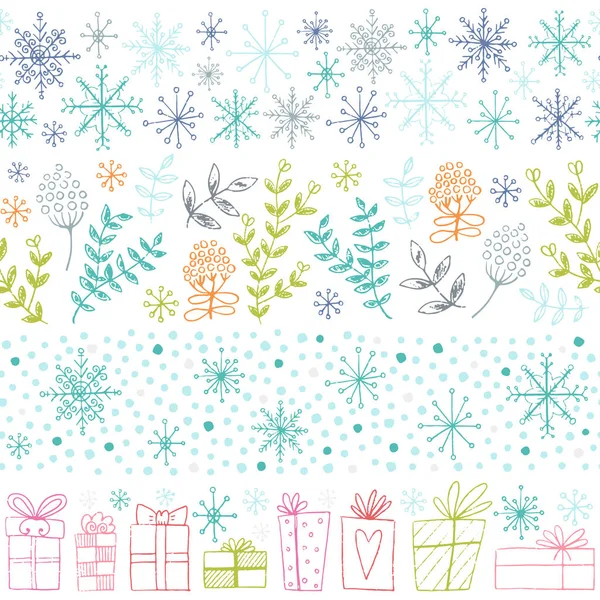 Winter hand getekend naadloze borders-collectie — Stockvector