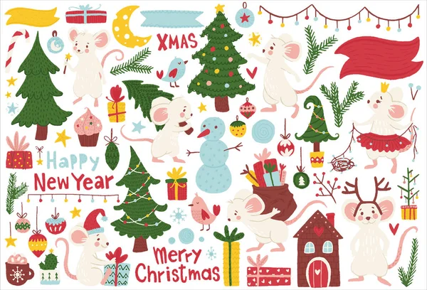 Christmas mice elements set, hand drawn style — Stock Vector