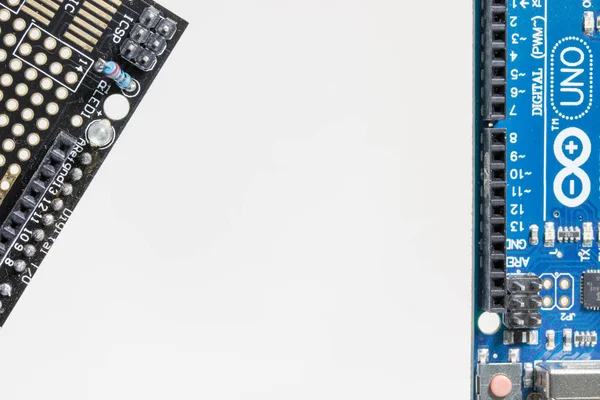 Photo of Arduino UNO board details and prototyping shield